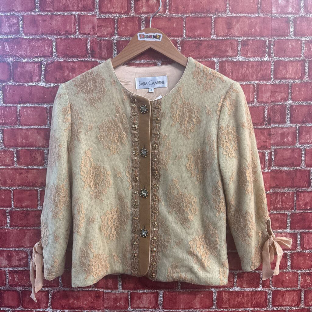 Sara Campbell Blazer Lace Gem Stone Buttons Silk Lined Mint/Brown Size 6