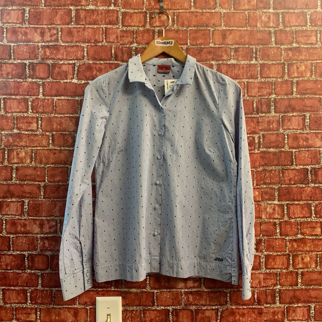 Lion of Porches Button Up Blouse Stripes and Dots Blue