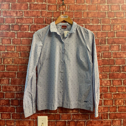 Lion of Porches Button Up Blouse Stripes and Dots Blue