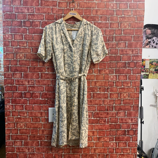 Comptoir Des Cotonniers Midi Dress Short Sleeve Button Up Plant Pattern Silk Blend Tan/Grey