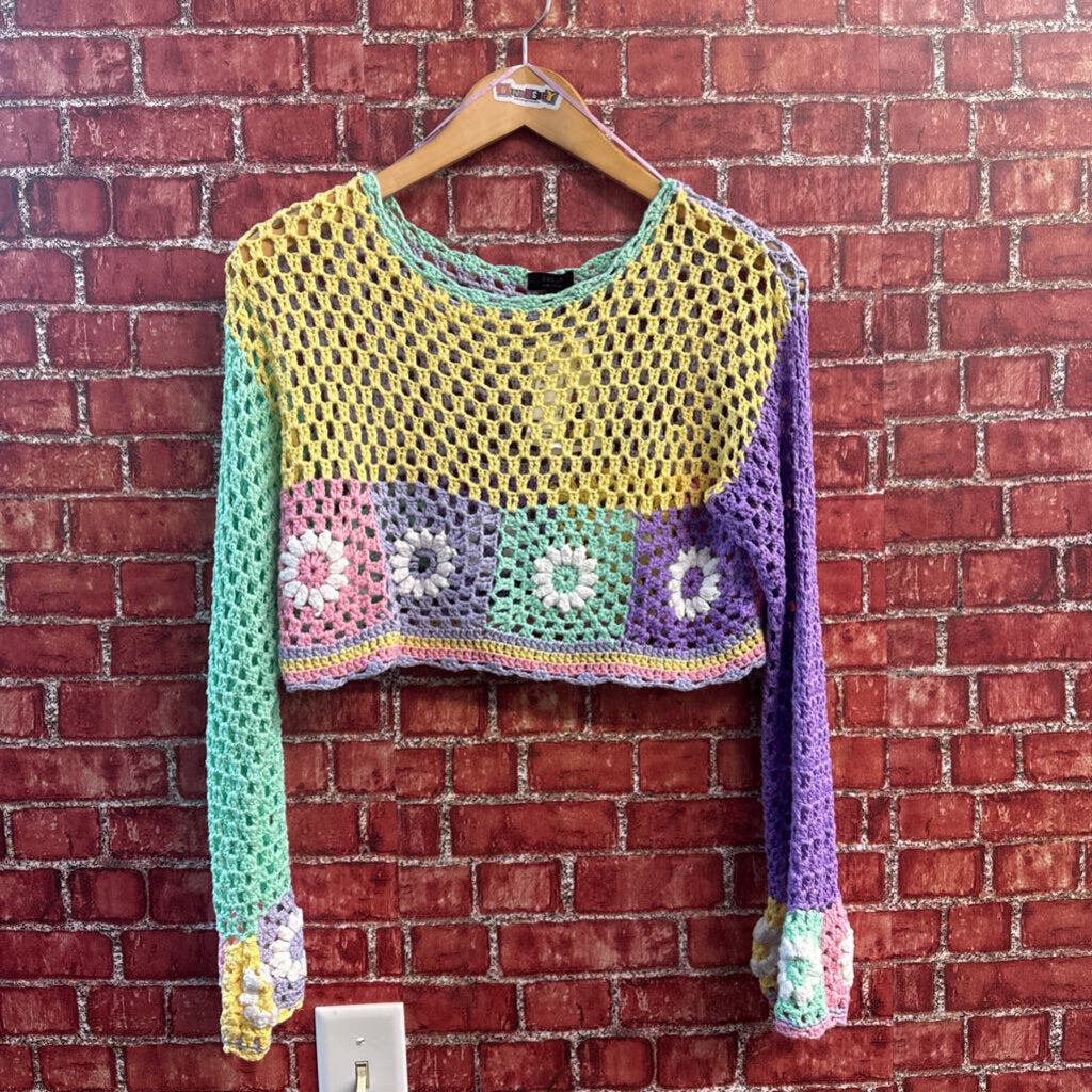 Debut Crochet Sweater Crop Pastel Flowers Yellow/Multi Size S/M