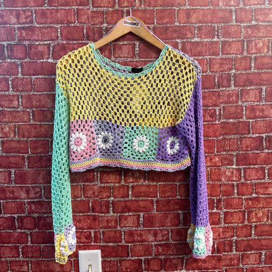 Debut Crochet Sweater Crop Pastel Flowers Yellow/Multi Size S/M