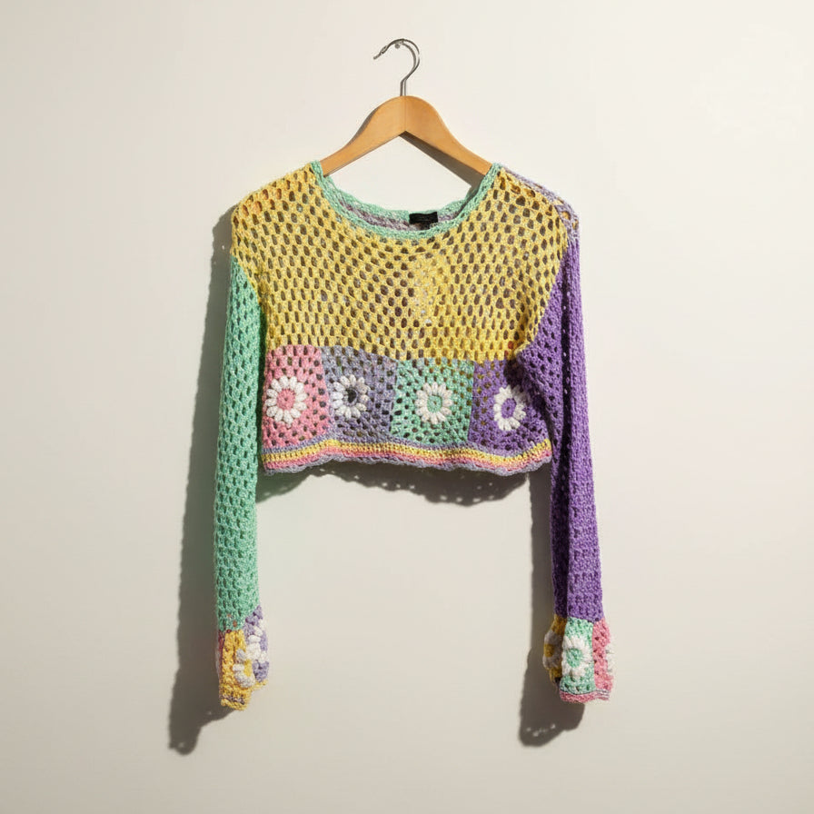 Debut Crochet Sweater Crop Pastel Flowers Yellow/Multi Ladies Size S/M