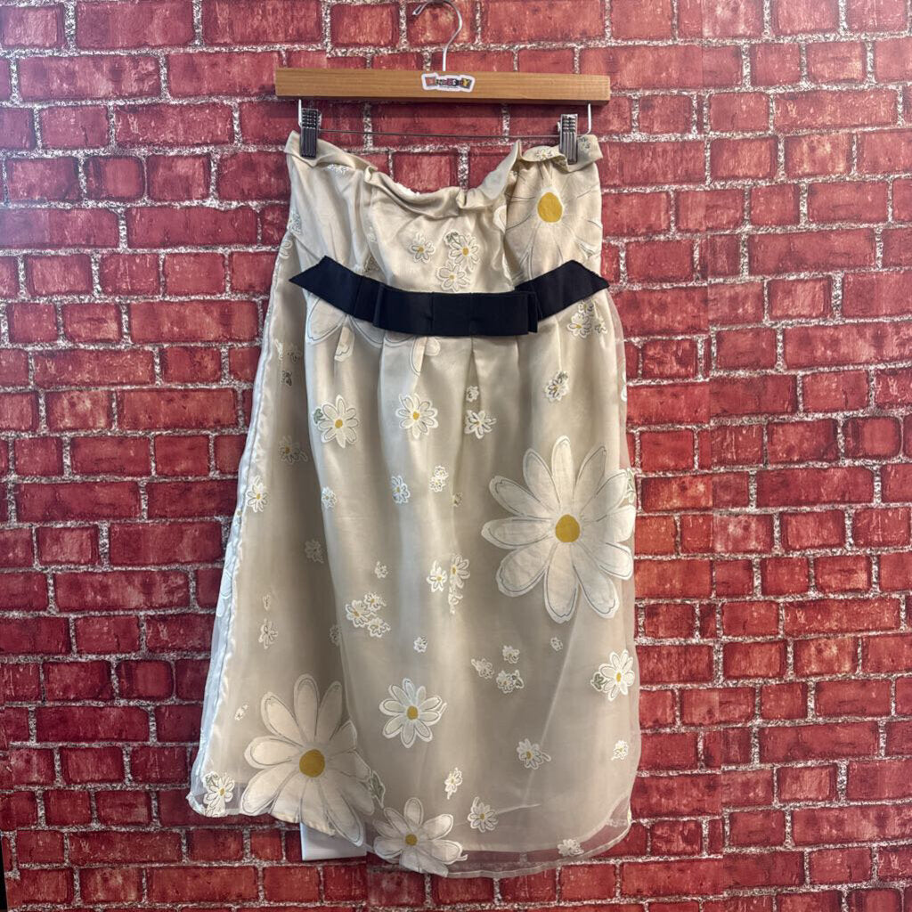 Red Valentino Chiffon Midi Dress Strapless Floral Black Bow Tan/Black Size 46