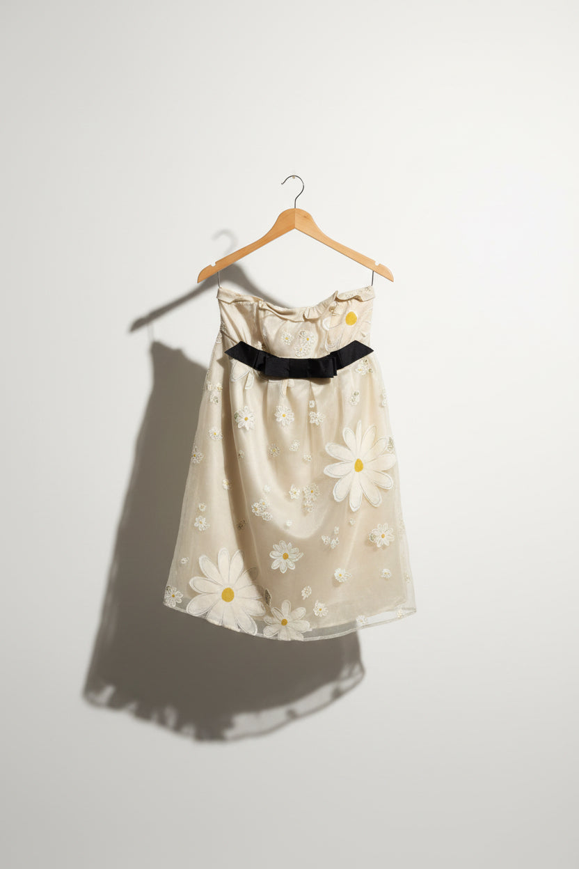 Red Valentino Chiffon Midi Dress Strapless Floral Black Bow Tan/Black Size 46