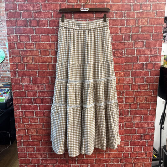 Madewell Maxi Skirt Gingham Cutout Stripes Tan/Brown Size XS