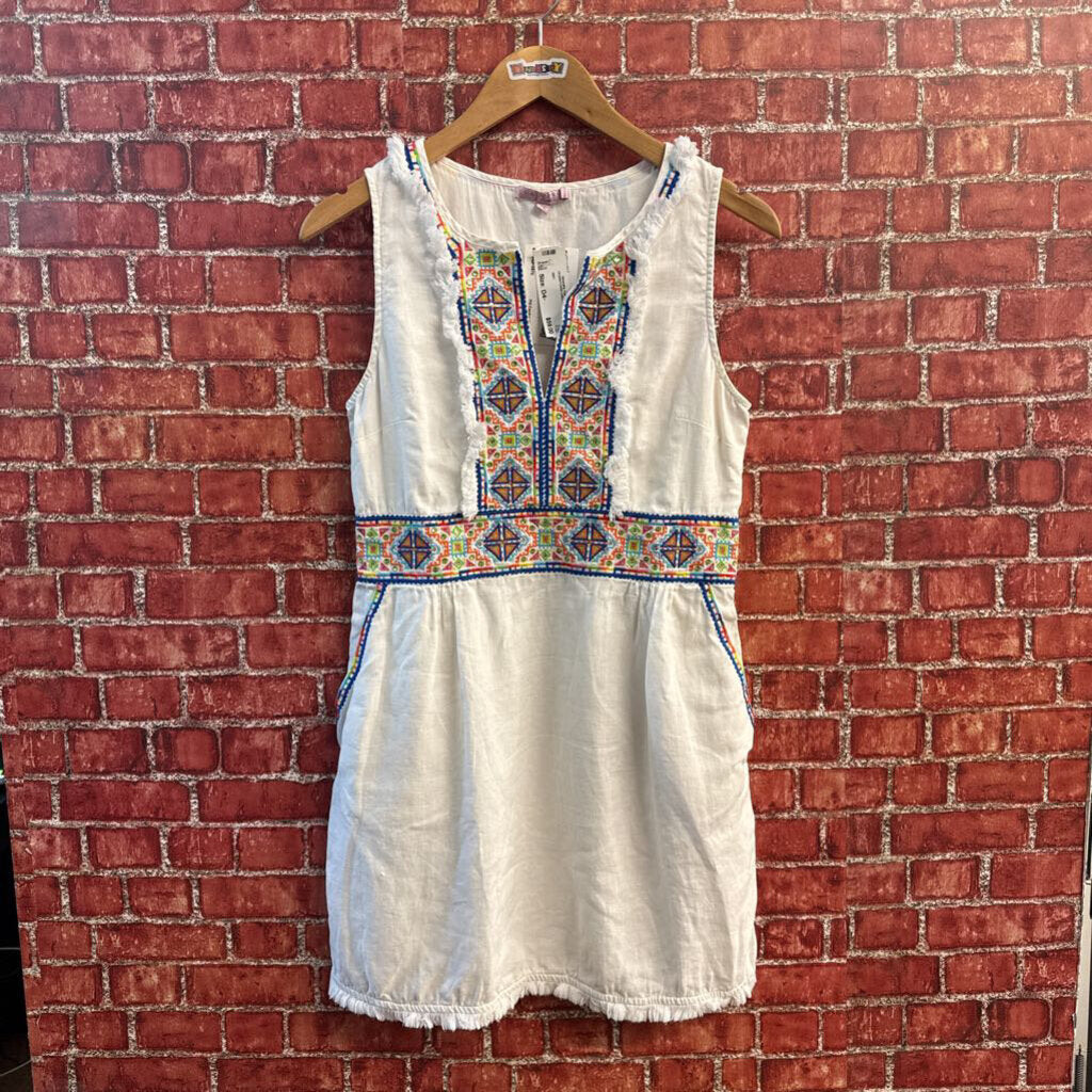 Calypso Mini Dress Geometric Trim Fringe Linen White/Multi Size S