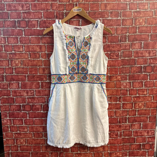 Calypso Mini Dress Geometric Trim Fringe Linen White/Multi Size S