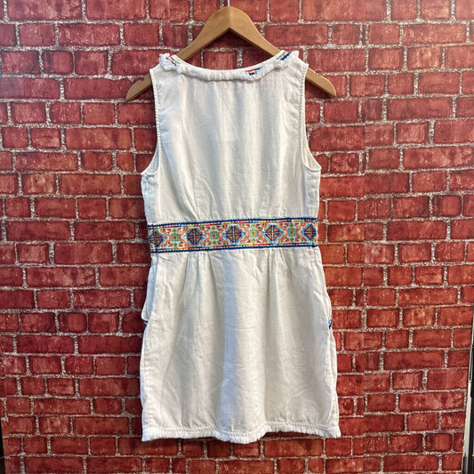 Calypso Mini Dress Geometric Trim Fringe Linen White/Multi Size S