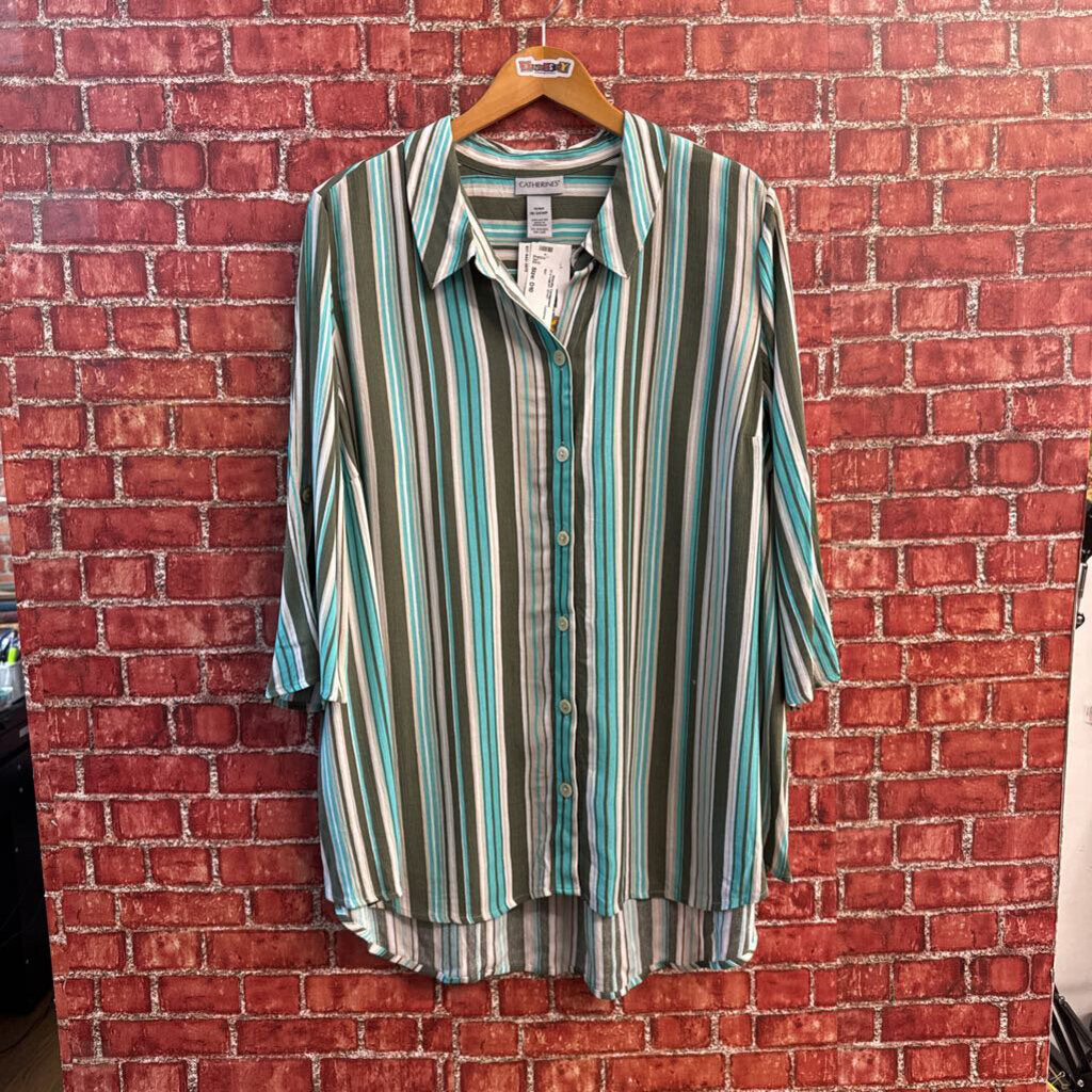 Catherines Top Button Up 1/2 Sleeve Stripes Teal/Olive/Tan Size 18/20