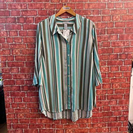 Catherines Top Button Up 1/2 Sleeve Stripes Teal/Olive/Tan Size 18/20
