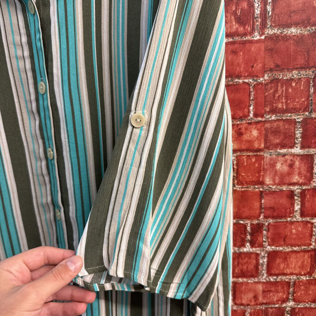 Catherines Top Button Up 1/2 Sleeve Stripes Teal/Olive/Tan Size 18/20