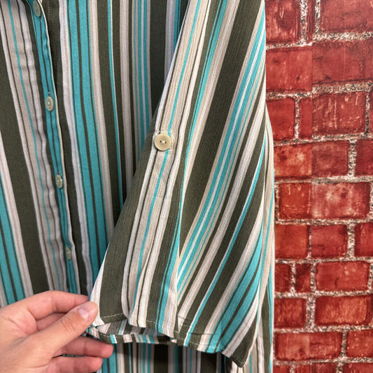 Catherines Top Button Up 1/2 Sleeve Stripes Teal/Olive/Tan Size 18/20
