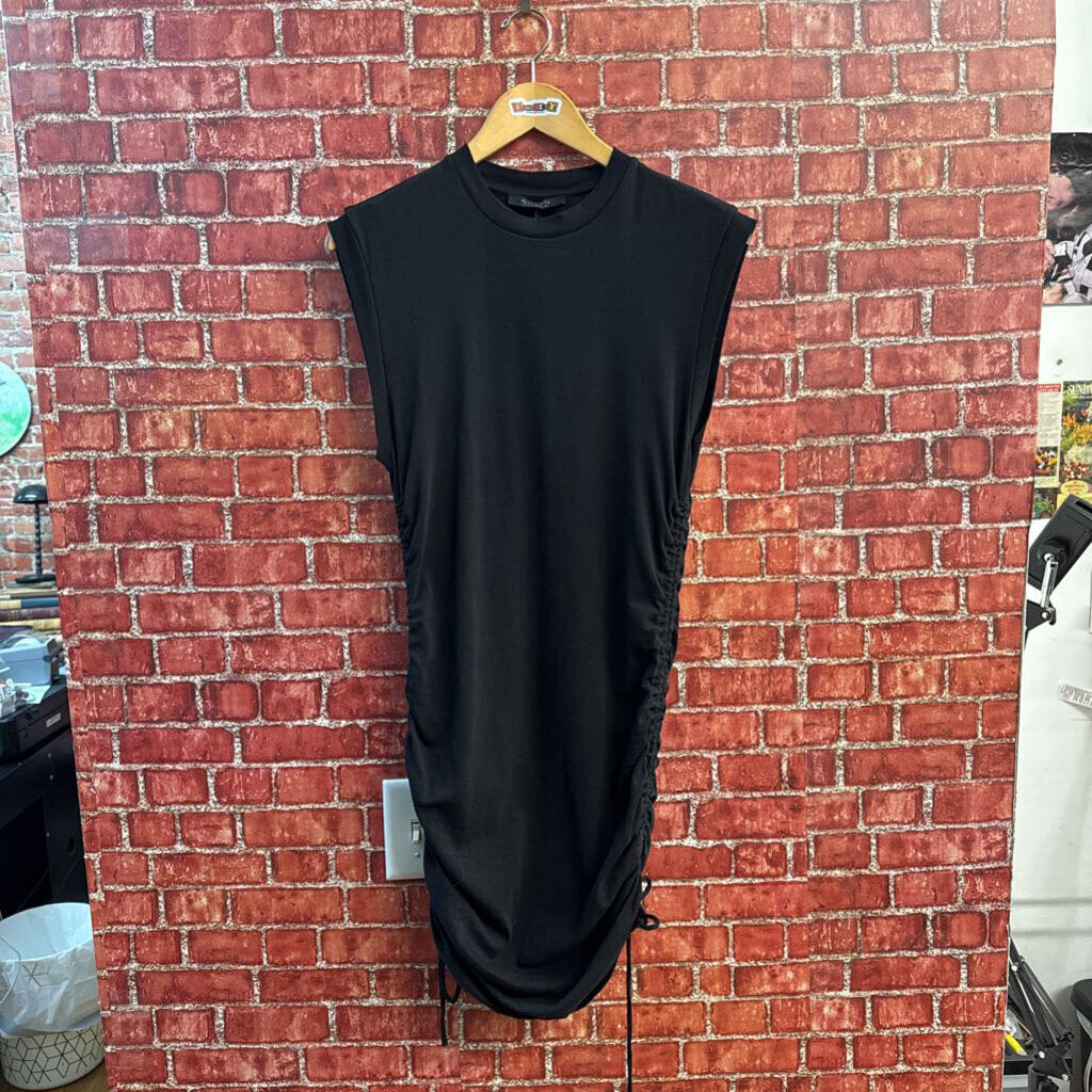 Allsaints Bodycon Solid Black Mini Dress Scrunch Sides Size 10