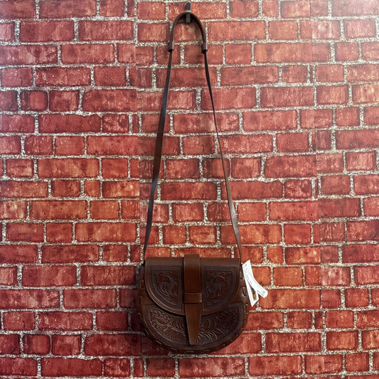 Vintage Brown Tooled Crossbody Messenger Bag