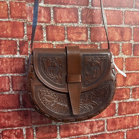 Vintage Brown Tooled Crossbody Messenger Bag