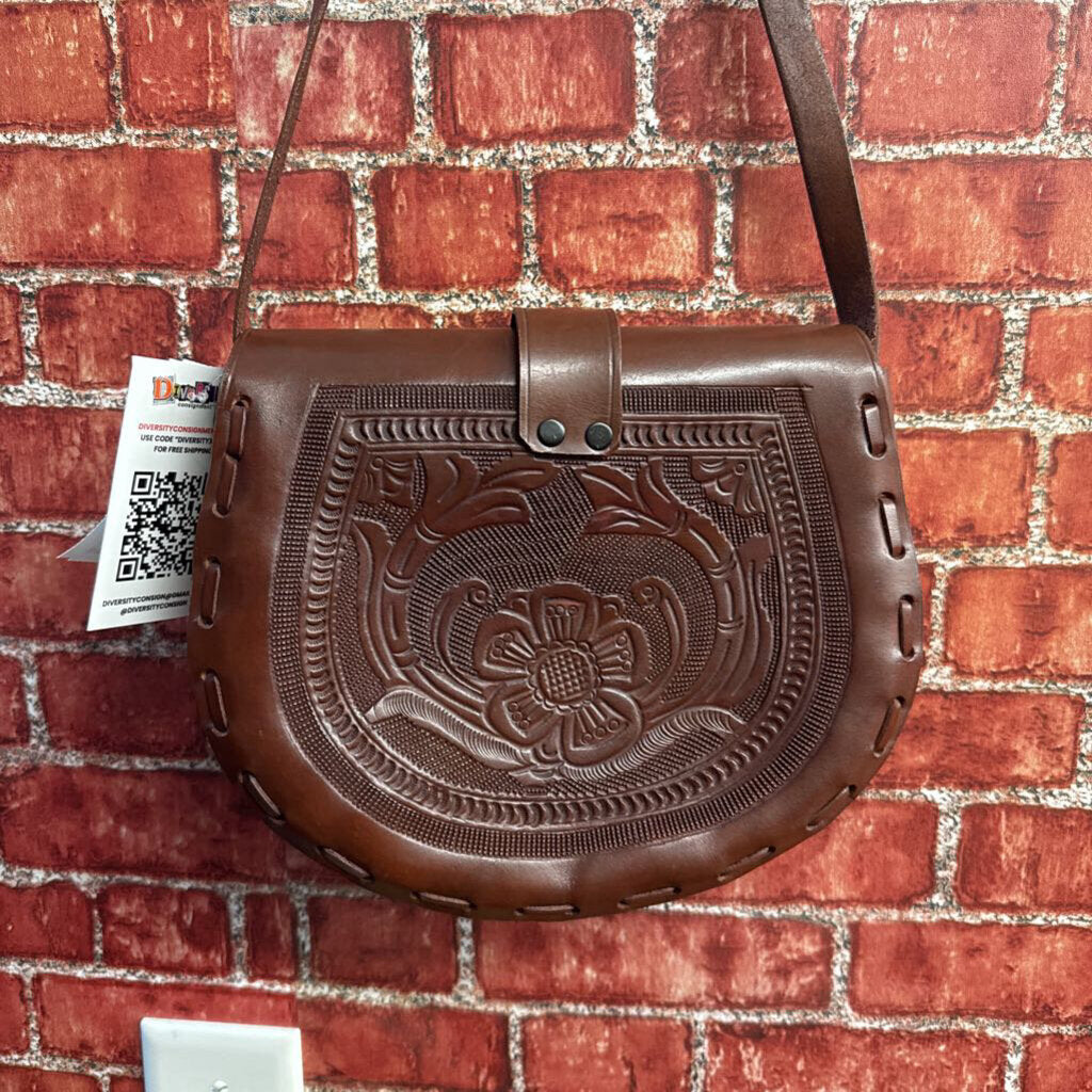 Vintage Brown Tooled Crossbody Messenger Bag
