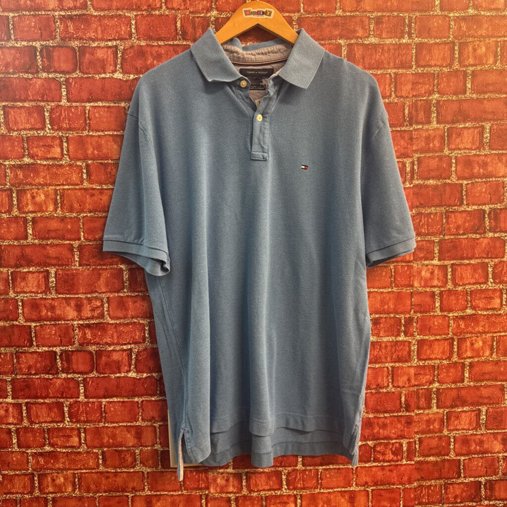 Tommy Hilfiger blue polo shirt front view