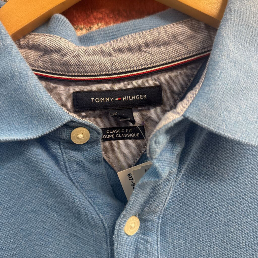 Tommy Hilfiger blue polo shirt detail view