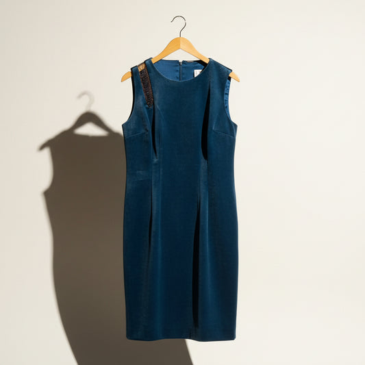 Elie Tahari Midi Dress Chain Link Shoulder Tank Velvet Blue Size 8