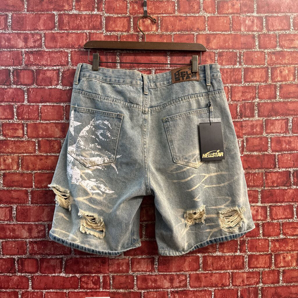 NWT Hellstar Jean Shorts Distressed Blue Size XL