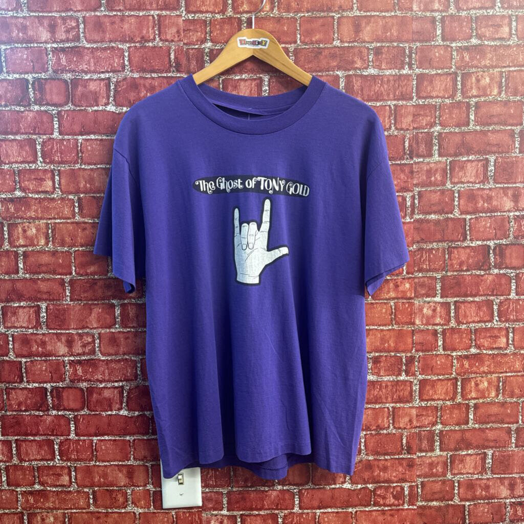 The Ghost of Tony Gold purple and white vintage band tee front view
