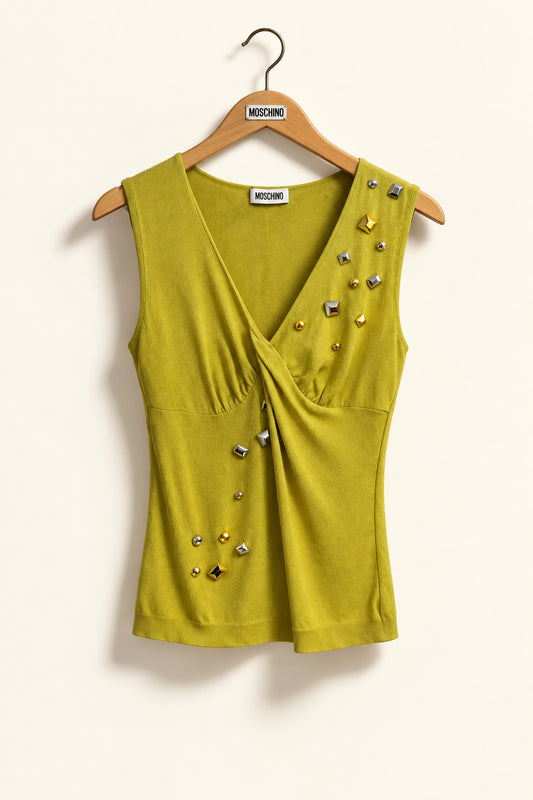 Moschino Vintage Tank Top Gems Chartreuse/Silver/Gold Size M