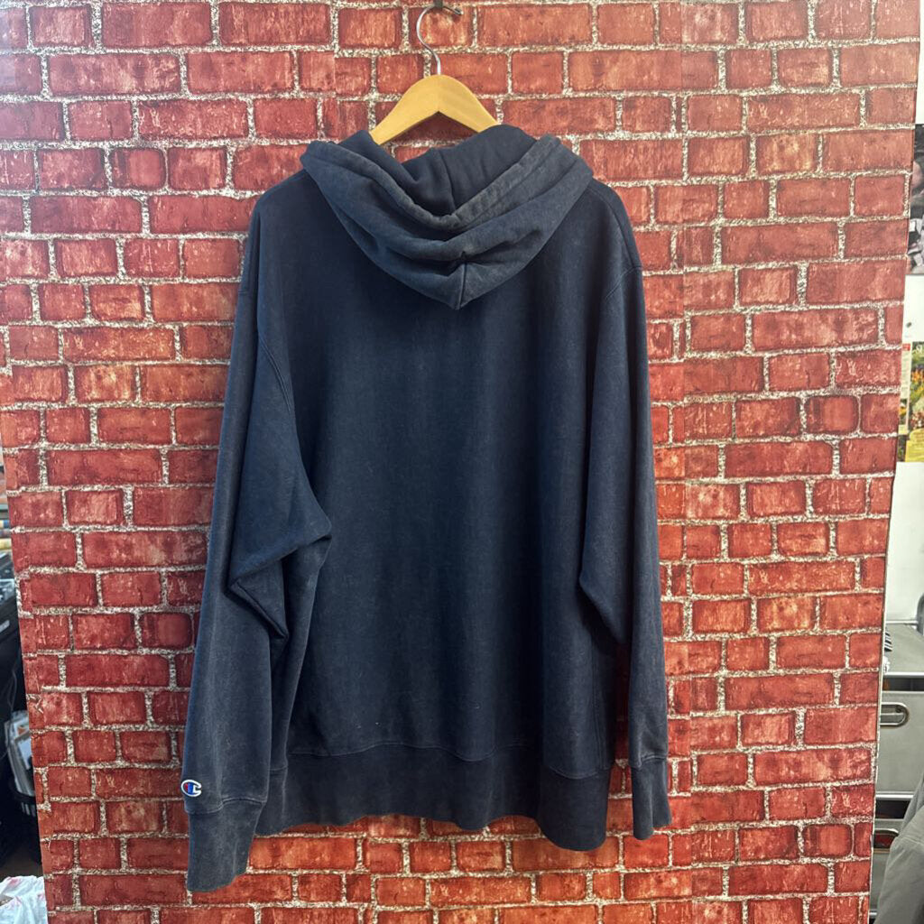 Champion Reverse Weave navy hoodie construction detail