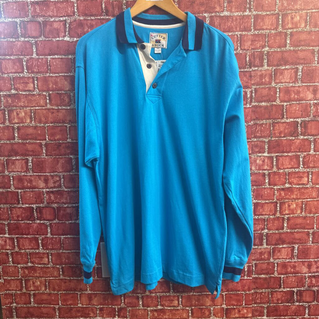 Cutter and Buck blue and white long sleeve rugby polo front view