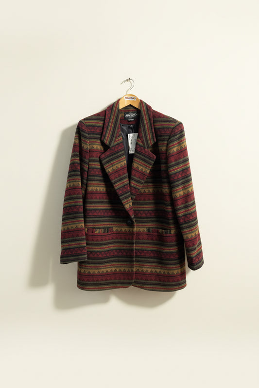 Braetan Vintage Blazer Jacket Wool Blend Stripe/Zig Zag Pattern Maroon/Green/Tan Size M