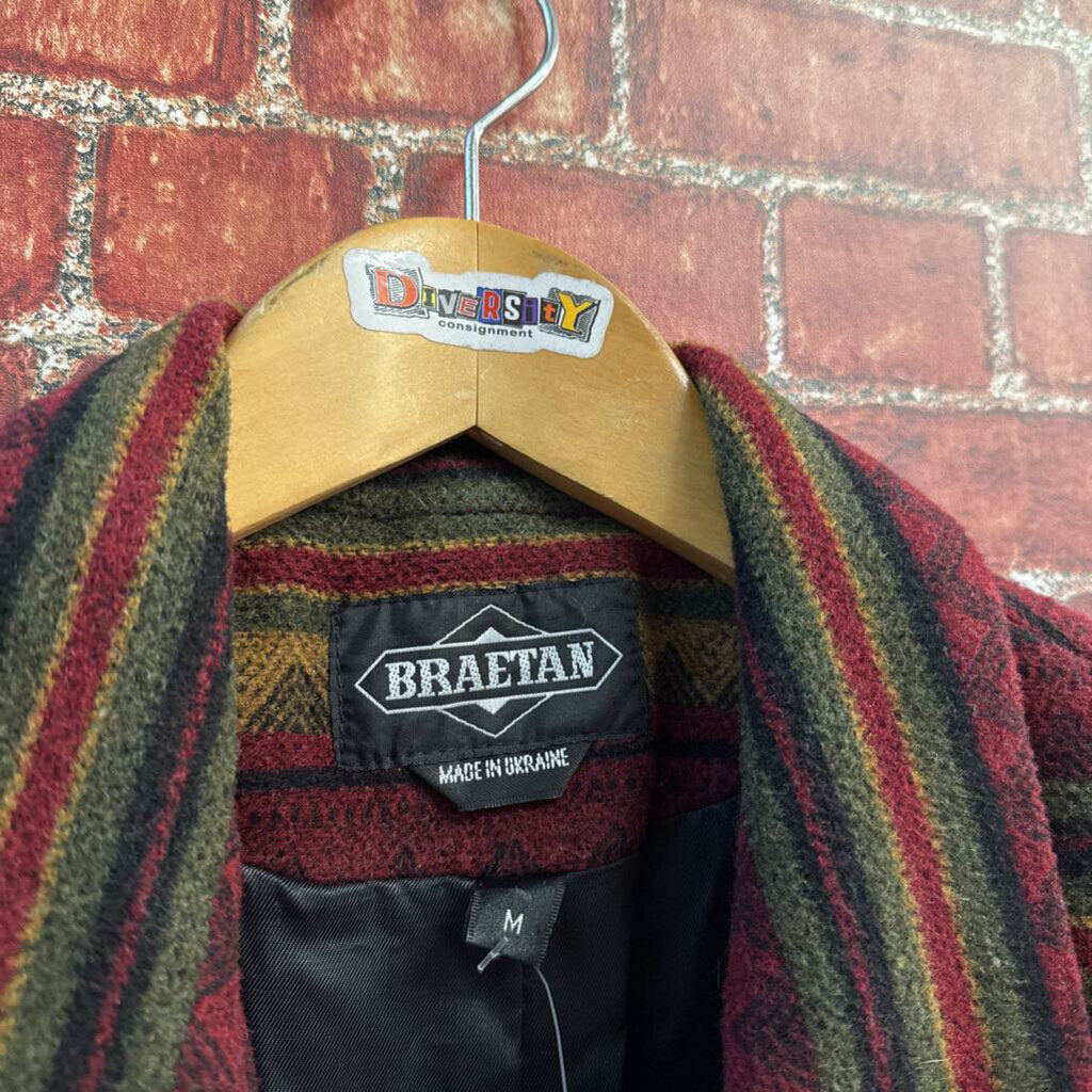 Braetan Vintage Blazer Jacket Wool Blend Stripe/Zig Zag Pattern Maroon/Green/Tan Size M