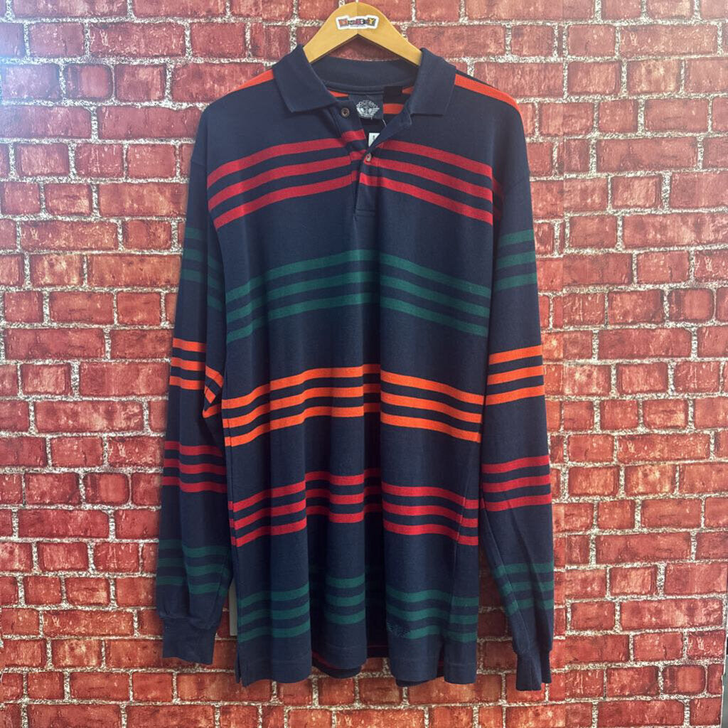 Dockers striped knit long sleeve polo in navy green red and orange front view