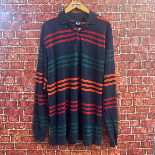 Dockers striped knit long sleeve polo in navy green red and orange front view