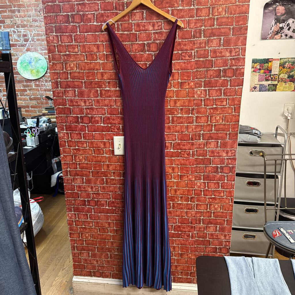 Staud maroon and blue vertical stripe tank maxi dress, product view