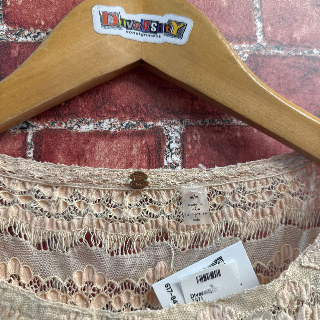 Free People Tee Popcorn Pattern Mesh Stripes Pinkbeige Size M