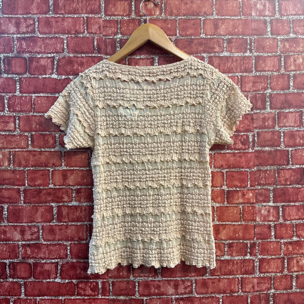 Free People Tee Popcorn Pattern Mesh Stripes Pinkbeige Size M