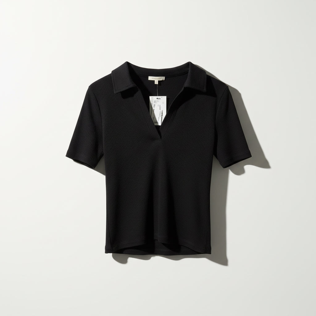 Madewell Top Short Sleeve Ribbed Collar Black Size S