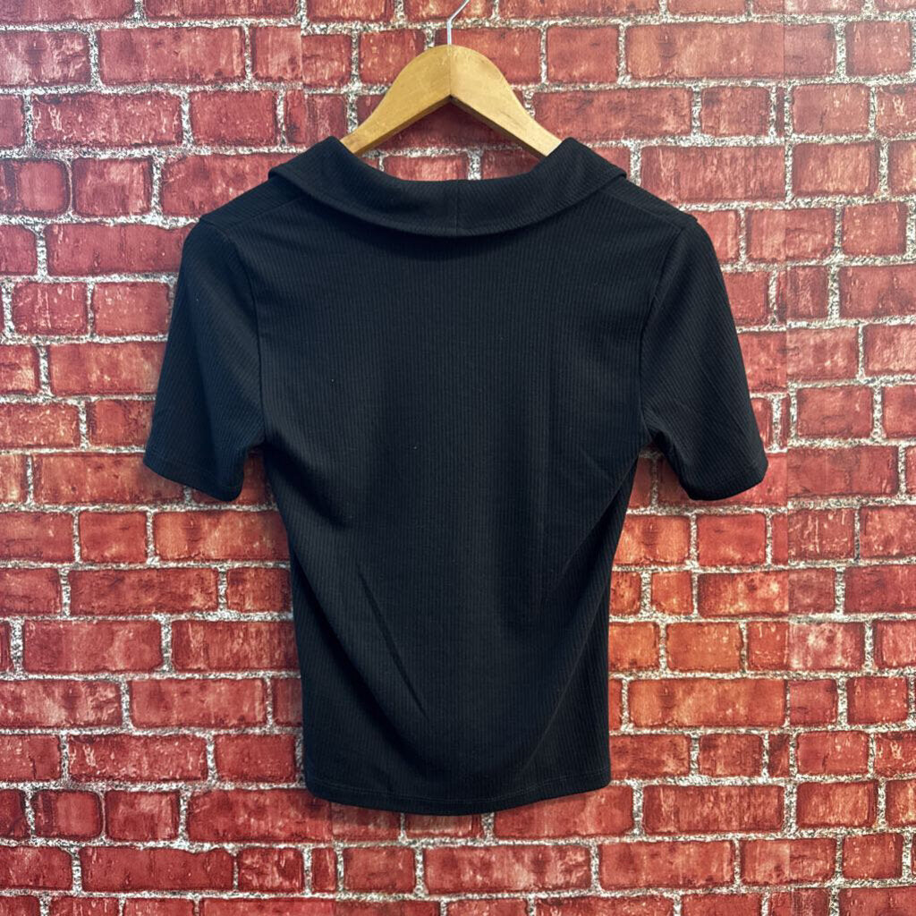 Madewell Top Short Sleeve Ribbed Collar Black Size S