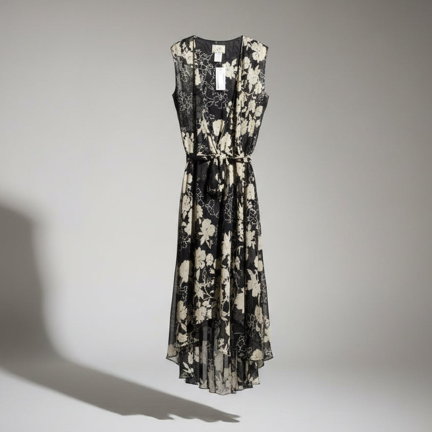 iCE Silk Sleeveless Open Long Cardigan Floral Black/White Size 6