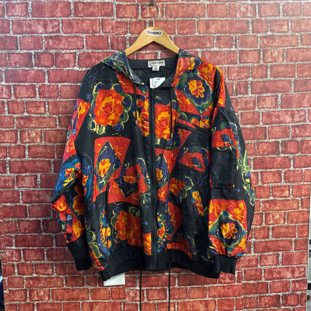 Carol Horn Silk Jacket Hood Floral Black/Red/Multi Size L