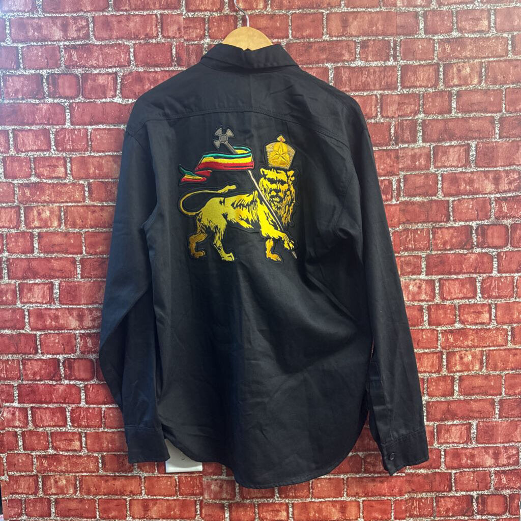 Lion of Judah embroidered black button up shirt size L product photo