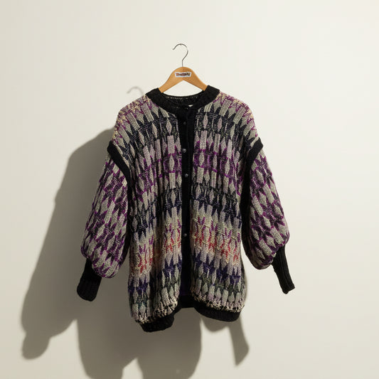Vintage Hand Made Multi Volor Textured Thick Cardigan Sweater Size M