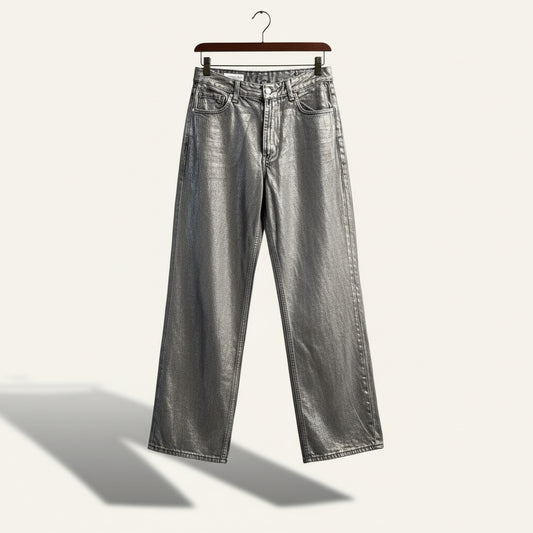 Zara Jeans Wide Leg Metallic Silver Size 6