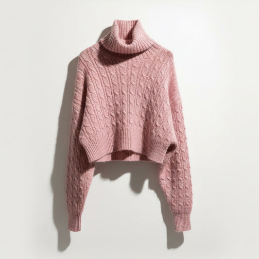 Ganni Sweater Turtleneck Cable Knit Crop Pink