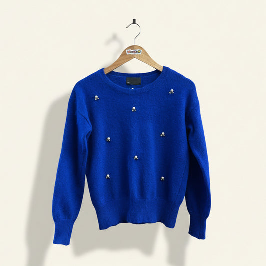Vintage Long Sleeve Sweater Pearl Embroidered Blue Size S/M