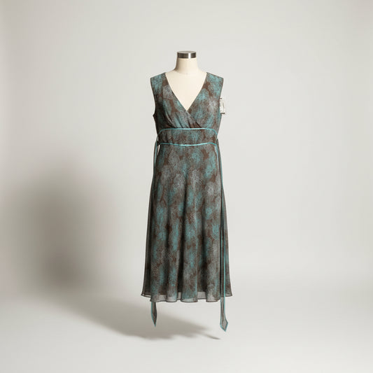 Adrianna Floral Pattern Brown & Blue Silk Midi Dress Size 10