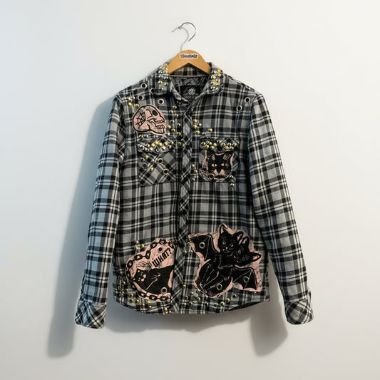 Hiss Off Grey Plaid Grommet Flannel Shacket Size S