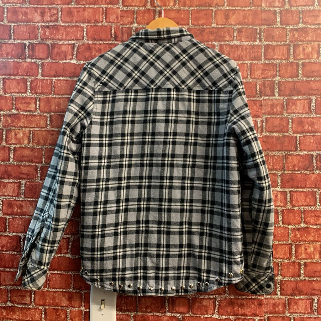 Hiss Off Grey Plaid Grommet Flannel Shacket Size S
