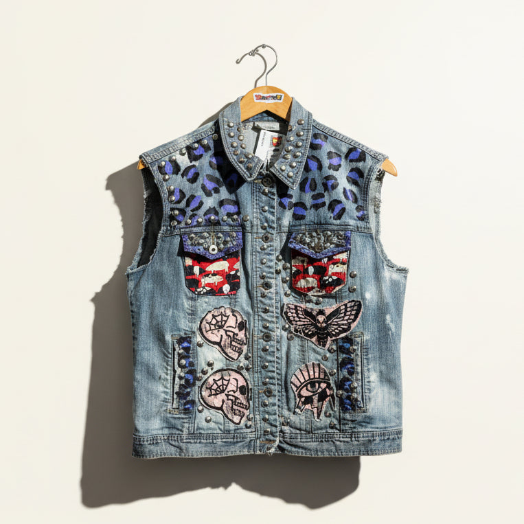 Hiss Off Blue Denim Vest Studded & Patchwork Size 1