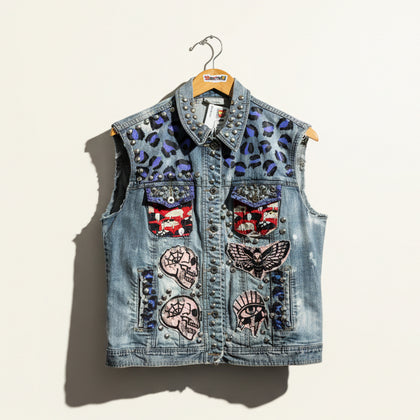 Hiss Off Blue Denim Vest Studded & Patchwork Size 1